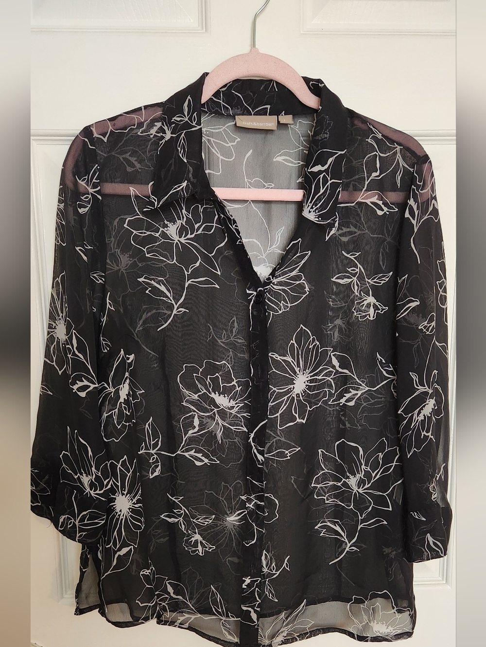croft & barrow Black Sheer Blouse with White Floral Outline